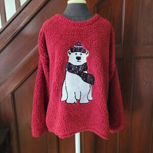 Cozy Red Fleece Sweater With Sequin Polar Bear Design & Scarf  XL NWT